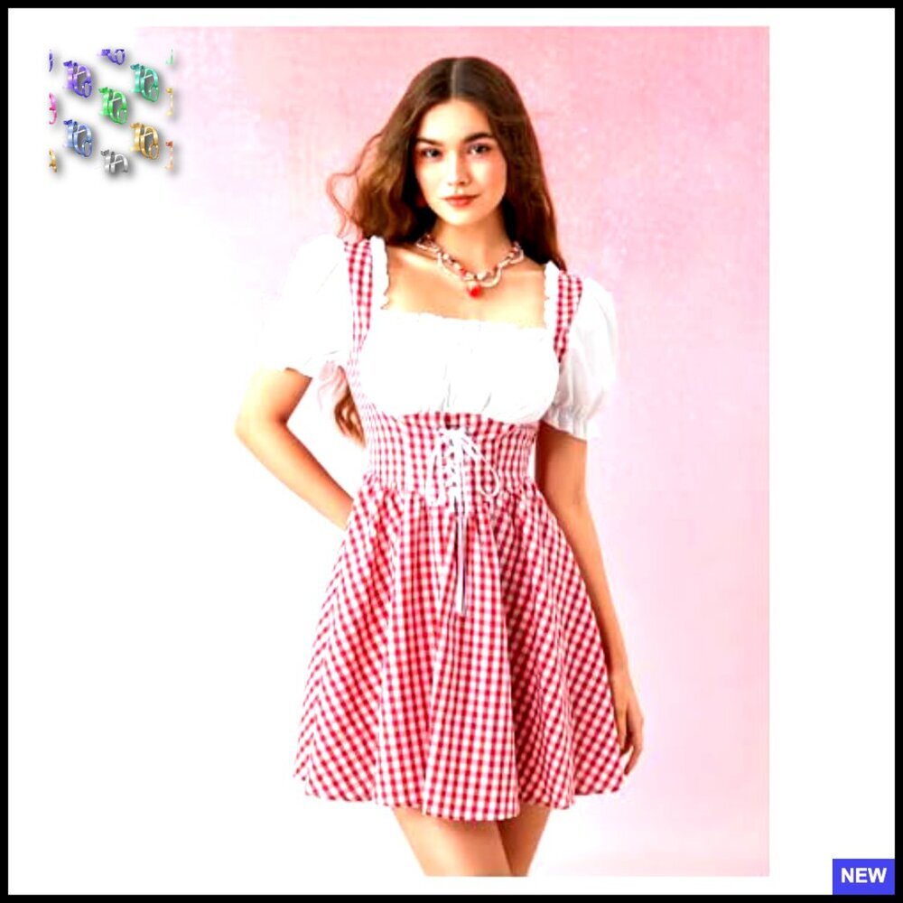 Vintage Cottagecore Gingham Dress Puff Sleeve Lace Up Corset Flared A-Line - Picture 3 of 7